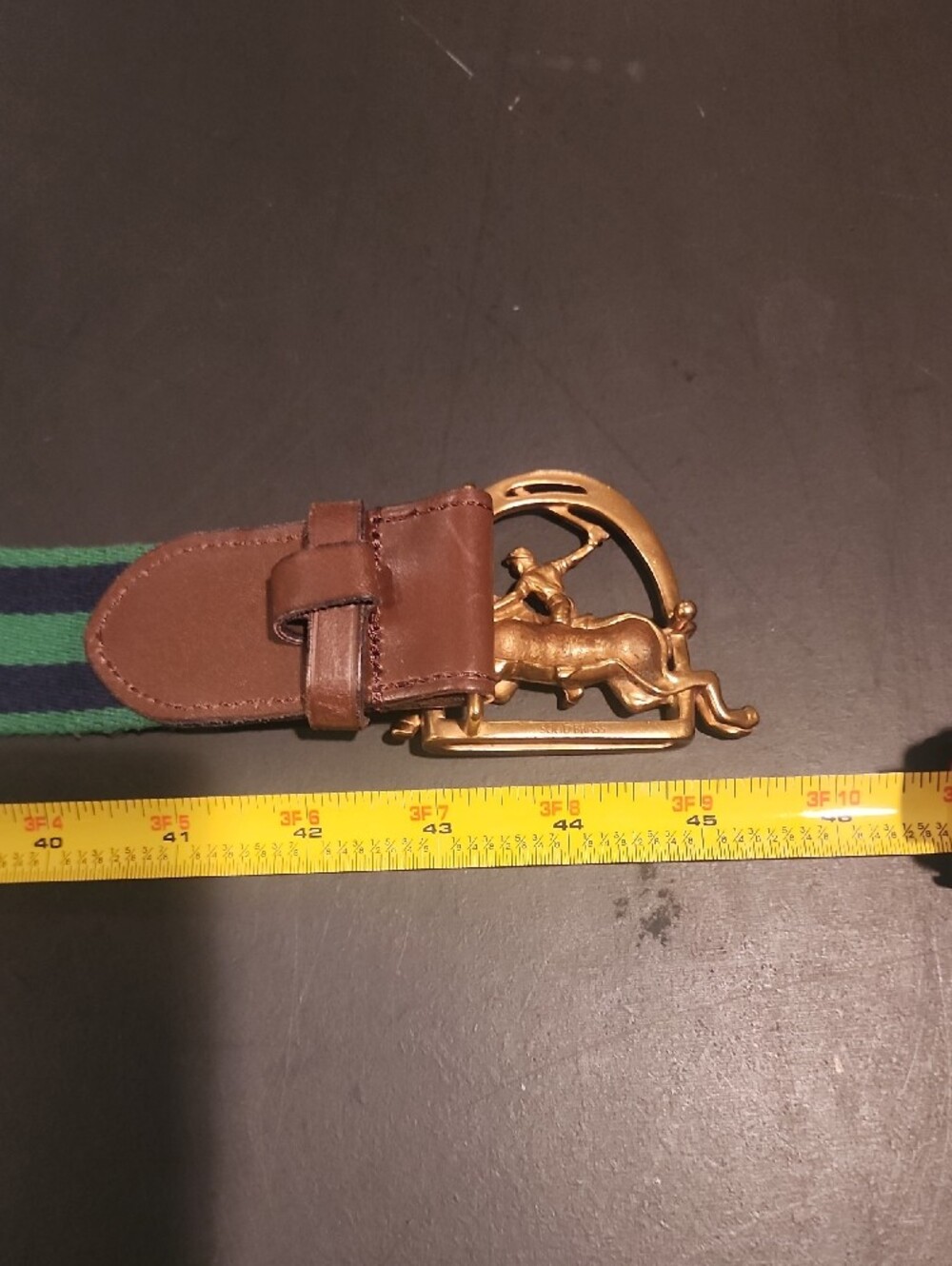 Ralph Lauren Polo Solid Brass Horse & Rider Buckle on Blue & Green Belt - Picture 6 of 7